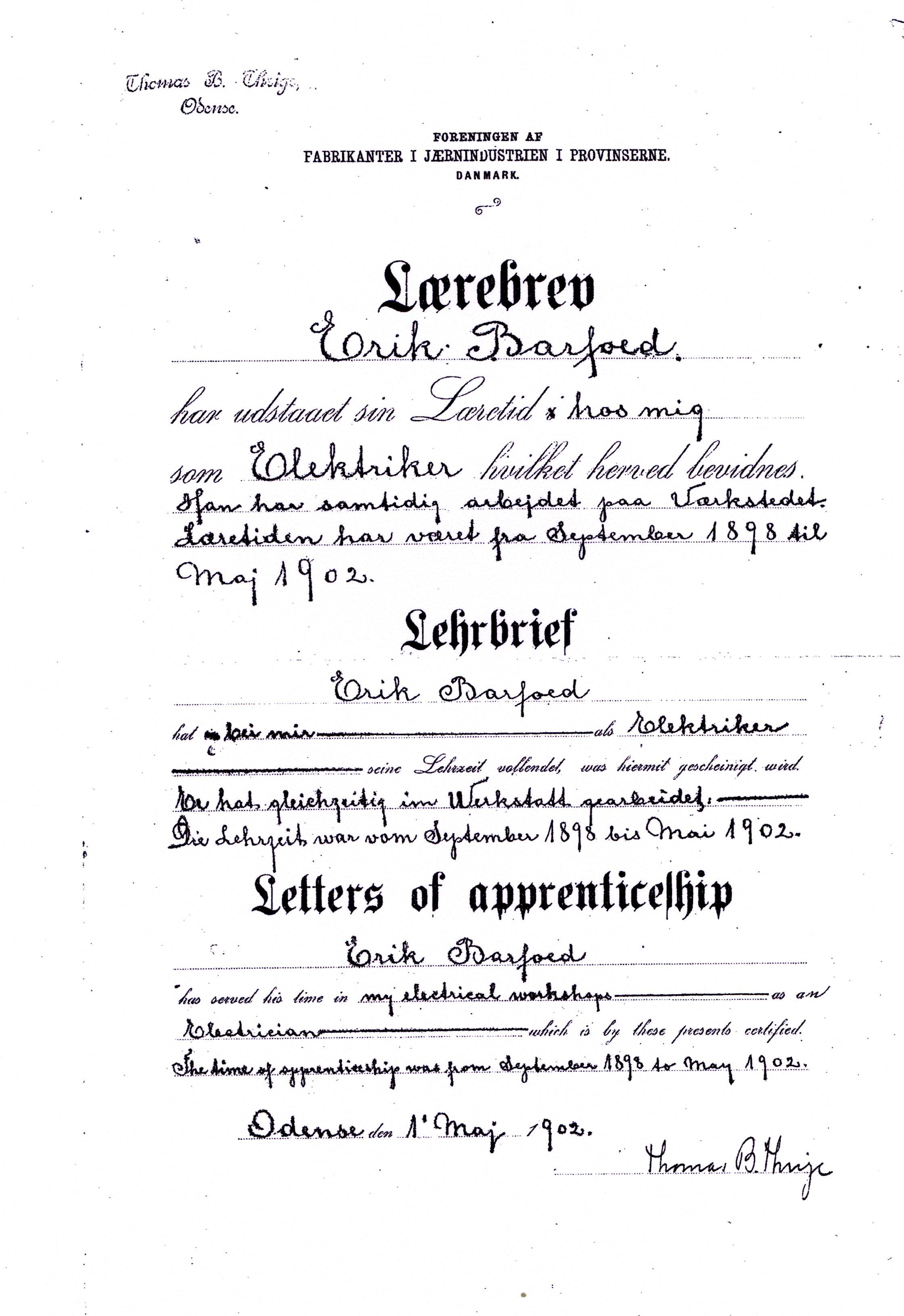 Erik Barfoeds lærebrev 